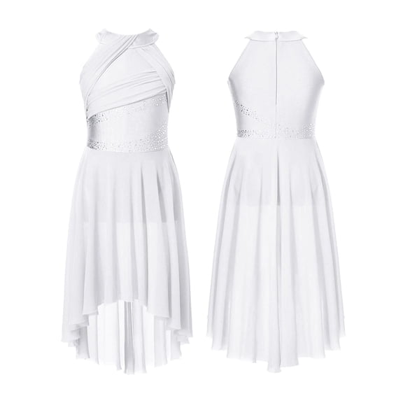 Kids Girls Applique Ballet Dress Sleeveless Irregular Mesh Tulle Lyrical Dance Costume Contemporary Leotard Dress Dancewear