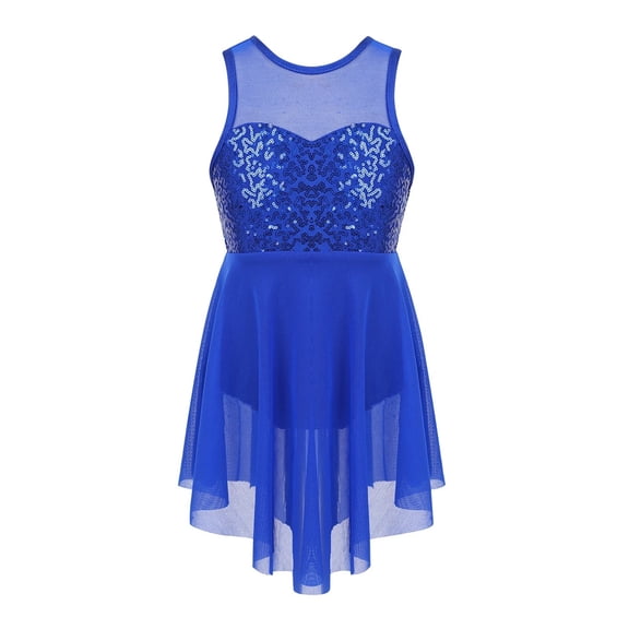 Kids Girls Applique Ballet Dress Sleeveless Irregular Mesh Tulle Lyrical Dance Costume Contemporary Leotard Dress Dancewear