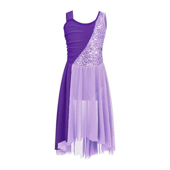 Kids Girls Applique Ballet Dress Sleeveless Irregular Mesh Tulle Lyrical Dance Costume Contemporary Leotard Dress Dancewear