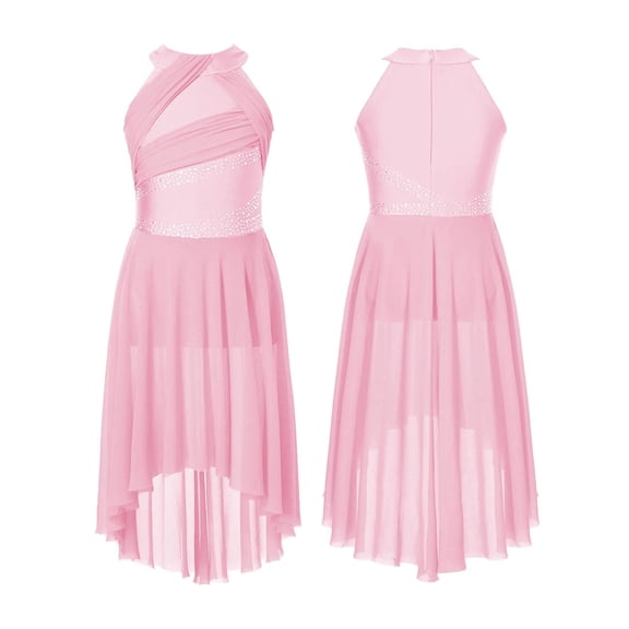 Kids Girls Applique Ballet Dress Sleeveless Irregular Mesh Tulle Lyrical Dance Costume Contemporary Leotard Dress Dancewear