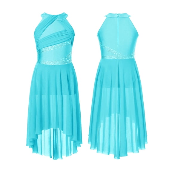 Kids Girls Applique Ballet Dress Sleeveless Irregular Mesh Tulle Lyrical Dance Costume Contemporary Leotard Dress Dancewear