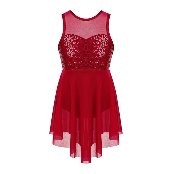 Kids Girls Applique Ballet Dress Sleeveless Irregular Mesh Tulle Lyrical Dance Costume Contemporary Leotard Dress Dancewear