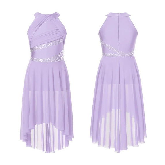 Kids Girls Applique Ballet Dress Sleeveless Irregular Mesh Tulle Lyrical Dance Costume Contemporary Leotard Dress Dancewear