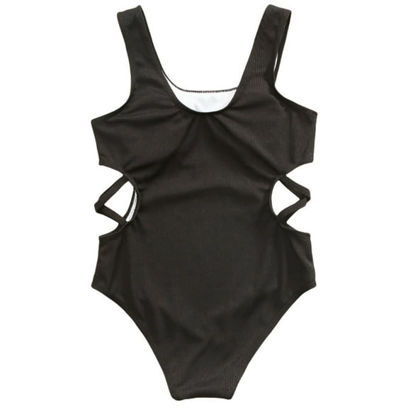 Kids Girls Athletic Swimsuit One-Piece Solid Swimwear Hollow Out Bathing Suit,Black,7-8 Years