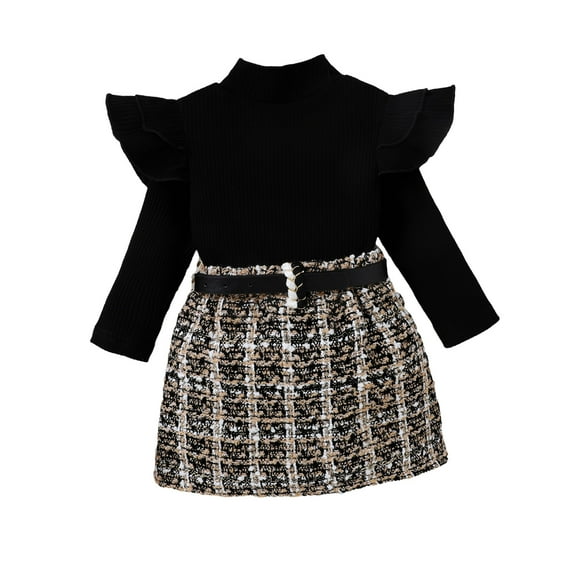 Kids Girls Autumn Skirt Sets 6M 12M 2Y 3Y 4Y 5Y Baby Ruffle Long Sleeve Mock Neck Knit Tops + Plaid Skirts with Belt Children Retro Outfits