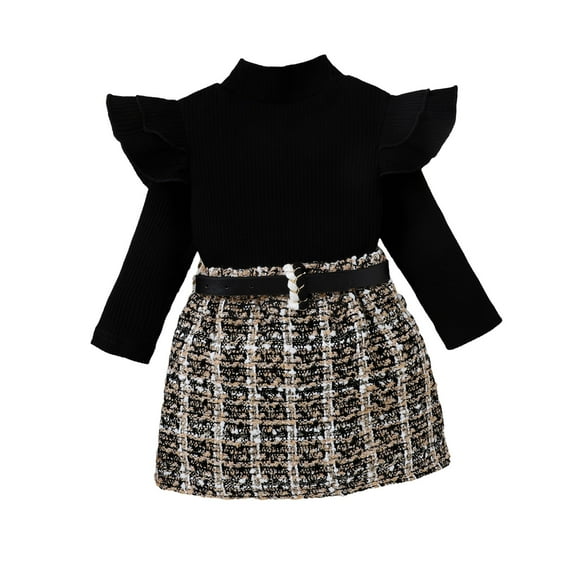 Kids Girls Autumn Skirt Sets 6M 12M 2Y 3Y 4Y 5Y Baby Ruffle Long Sleeve Mock Neck Knit Tops Plaid Skirts with Belt Children Retro Outfits