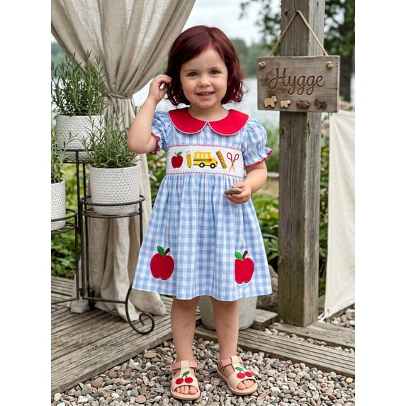 Kids Girls Back to School Dress Apple Pencil School Bus Embroidery Doll Collar Short Sleeve Dress Toddler Summer Casual Dress