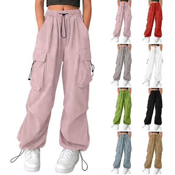 Kids Girls Baggy Cargo Pants Y2k Elastic Waisted Drawstring Parachute Pants with Multi Pockets Red 12-13Years
