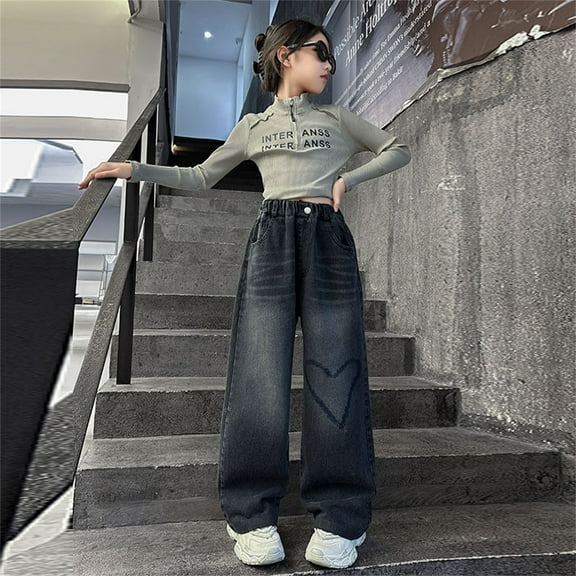 Kids Girls Baggy Jeans Elastic Waist Wide Leg Jean Denim Pants for Teens Girls Clothing