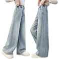 thumbnail image 1 of Girls Jeans Denim Elastic Wasit Wide Leg High Waist Denim Pants for Summer Clothes for Girls, 1 of 8