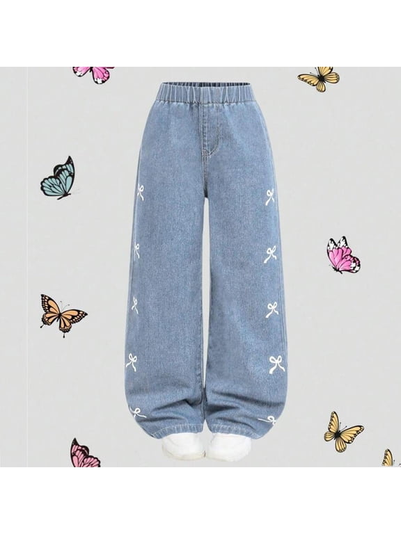 Kids Girls Baggy Jeans Wide Straight Leg Pants Cute Printed Bow Decorated Wide Leg Pants for Stretchy Casual Trousers Age 7 12 Years Girls Bottoms 10-11T