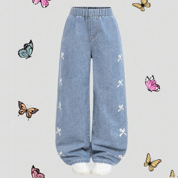 Kids Girls Baggy Jeans Wide Straight Leg Pants Cute Printed Bow Decorated Wide Leg Pants for Stretchy Casual Trousers Age 7 12 Years Girls Bottoms 9-10T
