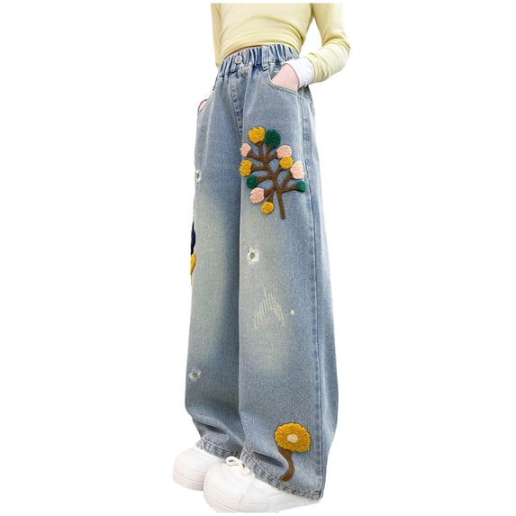 Kids Girls Baggy Straight Jeans Bow Loose Wide Leg High Waist Denim Pants Summer Daily Casual Trousers with Pockets Baggy Jeans For Girls