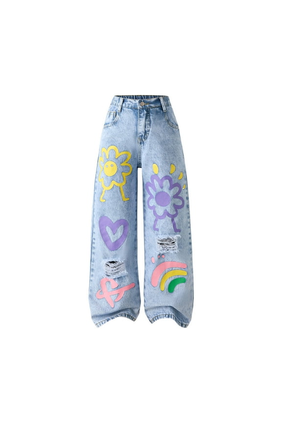 Kids Girls Baggy Straight Jeans Bow Loose Wide Leg High Waist Denim Pants Summer Daily Casual Trousers with Pockets Wide Leg Jeans Plus Size