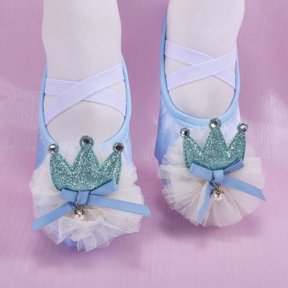 Kids Girls Ballet Slippers Non-Slip Split Sole Crown Applique Elastic Strap Blue,Size 35