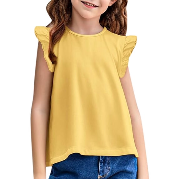 Kids Girls Basic Ruffle Sleeve Cute T Shirt Tunic Tank Tops Crewneck Blouse Size 3-4T