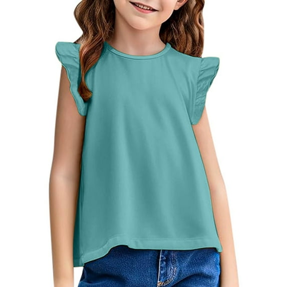 Kids Girls Basic Ruffle Sleeve Cute T Shirt Tunic Tank Tops Crewneck Blouse,Size 6 Years-7 Years