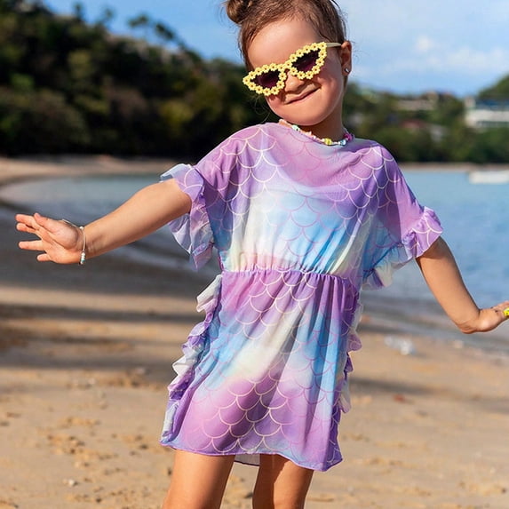 Kids Teens Girls Beach Coverups One Piece Swimsuit Printed Short Sleeve Bikini Swimwear Cover Up Dress Bathing Suit for 7-11 Years, Purple