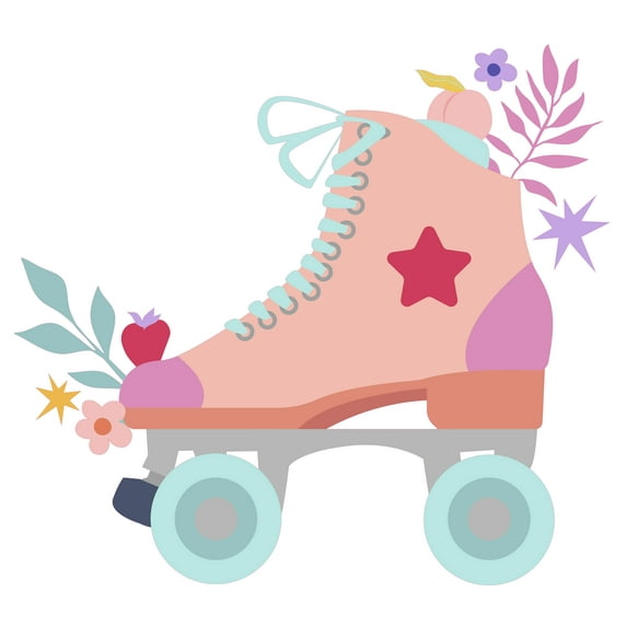 Kids Girls Bedroom Multicolored Vinyl 22" x 28" Girly Art Roller Skate Removable Wall Decoration Colorful Flowers Design Home Living Room Adhesive Floral Art Vinyl Wall Decal Sticker