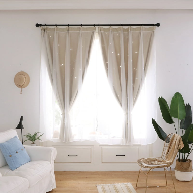 Kids Girls Bedroom Pink Curtains, Star Cutout Blackout with White Sheer Pastel Nursery Window