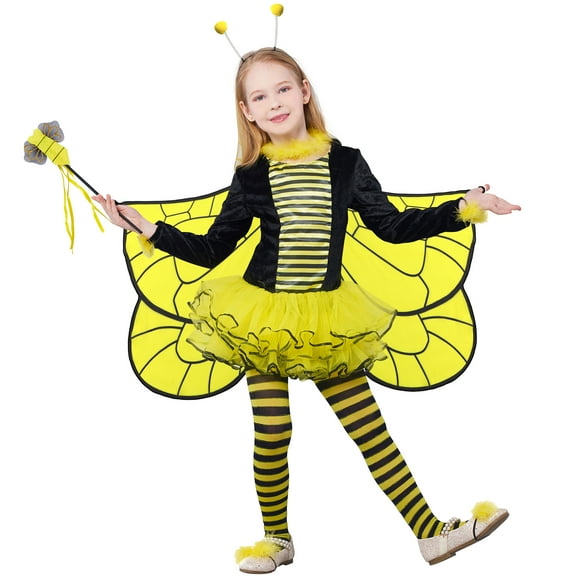 Kids Girls Bee Costume with Wings10pcs Set, Deluxe Animal Halloween Fairy Fancy Dress Outfit 3-10 Years