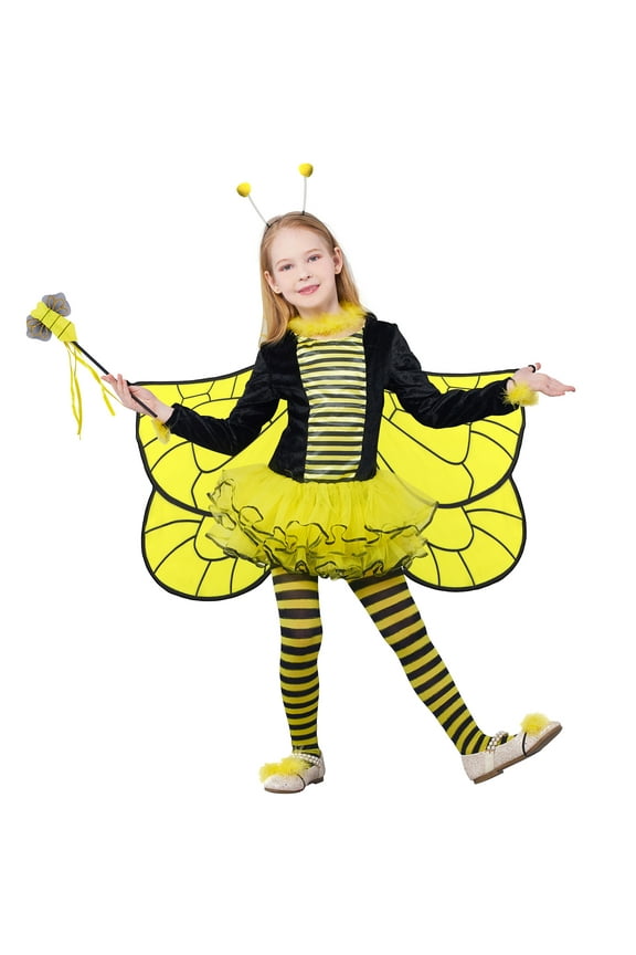 Kids Girls Bee Costume with Wings 10pcs Set, Deluxe Animal Halloween Fairy Fancy Dress Outfit 3-10 Years