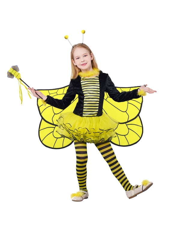 Kids Girls Bee Costume with Wings 10pcs Set, Deluxe Animal Halloween Fairy Fancy Dress Outfit 3-10 Years