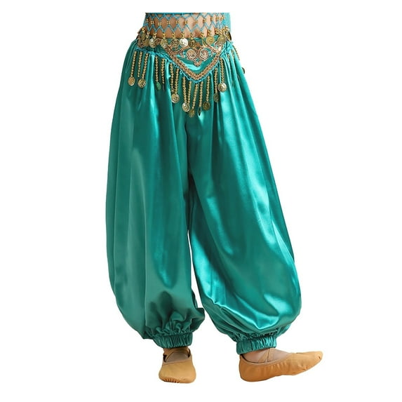Kids Girls Belly Dance Costume Silky Tassel Waistband Harem Dance Pants Ballroom Dress-up
