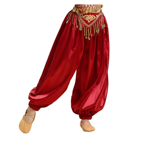 Kids Girls Belly Dance Costume Silky Tassel Waistband Harem Dance Pants Ballroom Dress-up