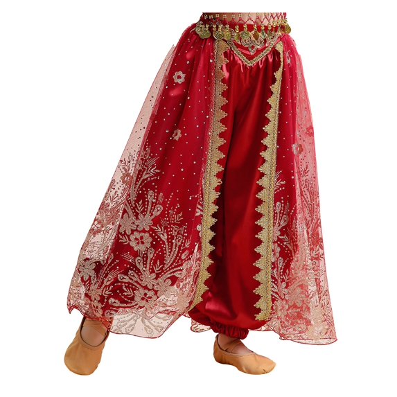 Kids Girls Belly Dance Costume Silky Tassel Waistband Harem Dance Pants Ballroom Dress-up