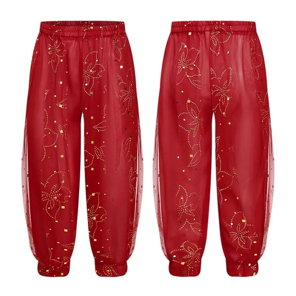 Kids Girls Belly Dance Pants Bloomers Shiny Floral Print Pants for Stage Performance Halloween Theme Party