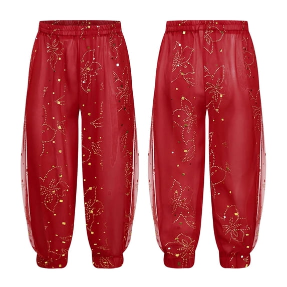 Kids Girls Belly Dance Pants Bloomers Shiny Floral Print Pants for Stage Performance Halloween Theme Party