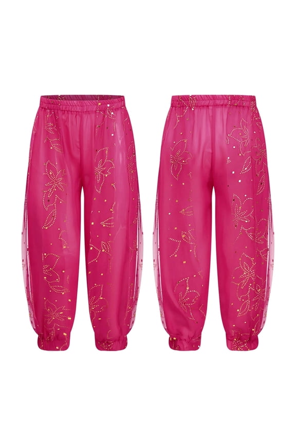 Kids Girls Belly Dance Pants Bloomers Shiny Floral Print Pants for Stage Performance Halloween Theme Party