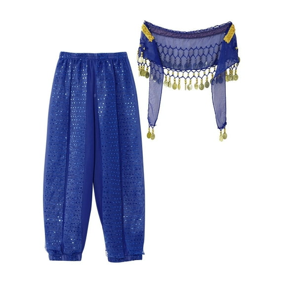 Kids Girls Belly Dance Performance Pants Sequined Dots Chiffon Trousers with Beads Coins Hip Scarf