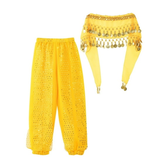 Kids Girls Belly Dance Performance Pants Sequined Dots Chiffon Trousers with Beads Coins Hip Scarf
