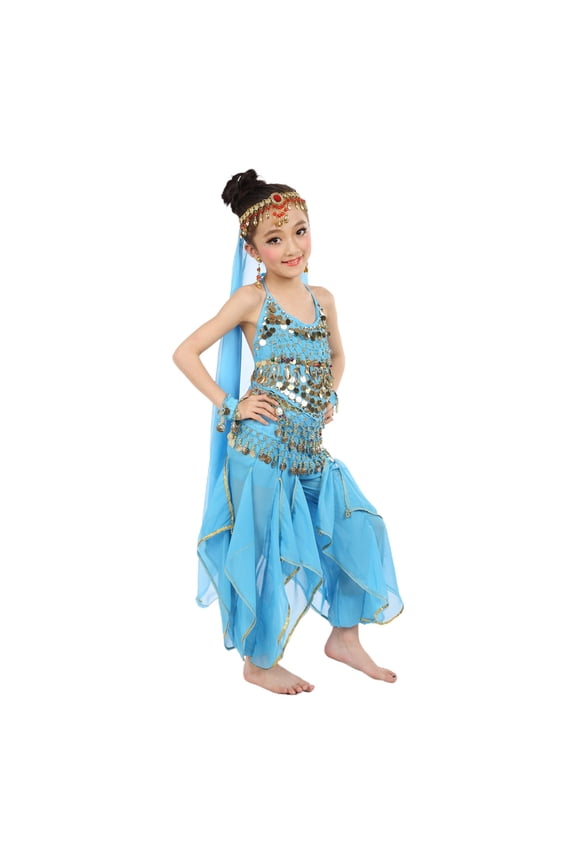 Kids Girls Belly Dance Top Pants Set Clothing Outfit with Waist Chain Baby Summer Clothes Indian Performance Tutu Onesie