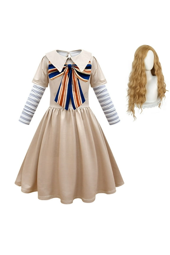 Kids Girls Big Bow School Uniform Dress Halloween Megan Horror Doll Cosplay Costume