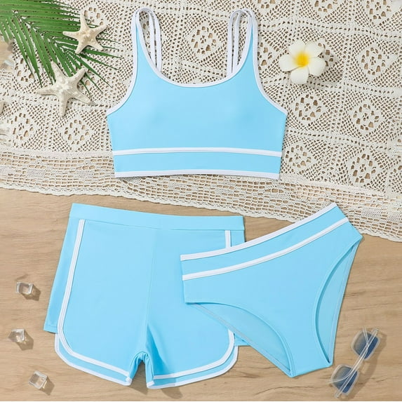 Kids Girls Bikini Swimsuits with Shorts 3 Piece Bikini Sets Sport Bathing Suits Bathing Suits for Girls Size 9-10