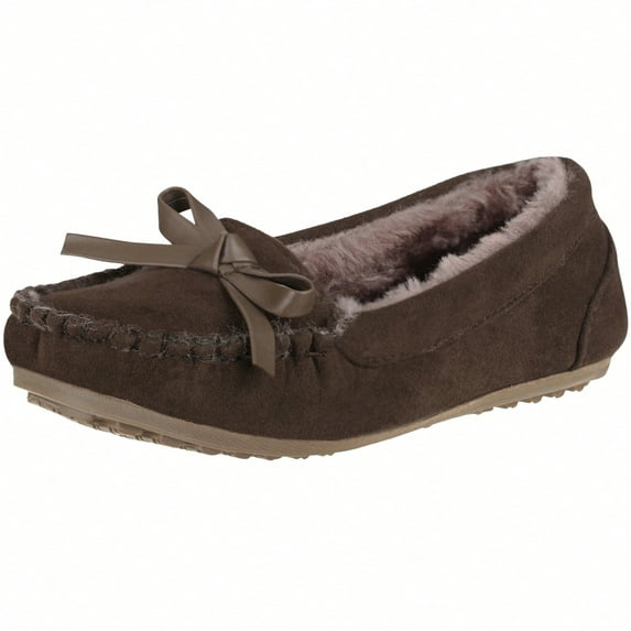 Kids Girls Bow Decor House Slippers Faux Fur Indoor Outdoor Moccasin Comfortable Slip-On Loafers Flat Shoes