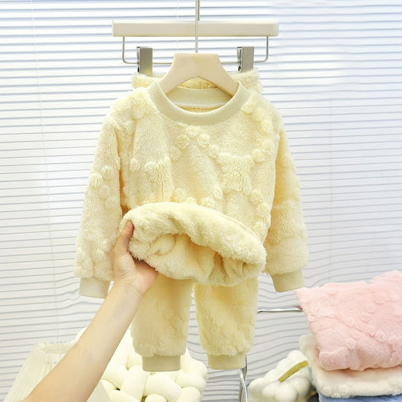 Kids Girls Boy Winter Flannel Pajama Set Long Sleeve Thermal Fleece Lined Top and Solid color Pants 2-Piece Outfit, Cozy and Warm Homewear for Boys and Girls Yellow 6-7 Years