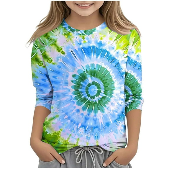 Kids Girls Boys 3/4 Sleeve Tops Creative Tie-dye Prints Crewneck Tshirts Basics Tee 2025 Fall Trendy Clothes