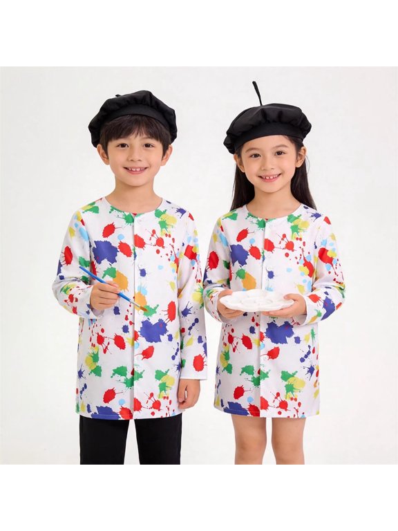 Kids Girls Boys Art Smock Paint Apron Jacket Splatter Print Button Down Long Sleeve Craft Outerwear Top Fall Fashion Jackets 9-10T