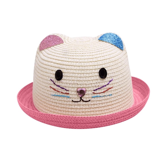 Kids Girls Boys Cartoon Cat Straw Hat Roll up Ear Floppy Sun Hat for Girls Boys (Pink One Size)