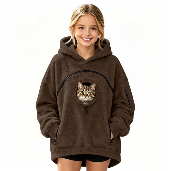 Kids Girls Boys Cat Pouch Hoodie Kangaroo Pocket Oversized Pet Carrier Pullover Sweatshirt Soft Fleece Hoodie with Dog Pouch Animal Holder Warm Winter Hoodie Sweatshirts