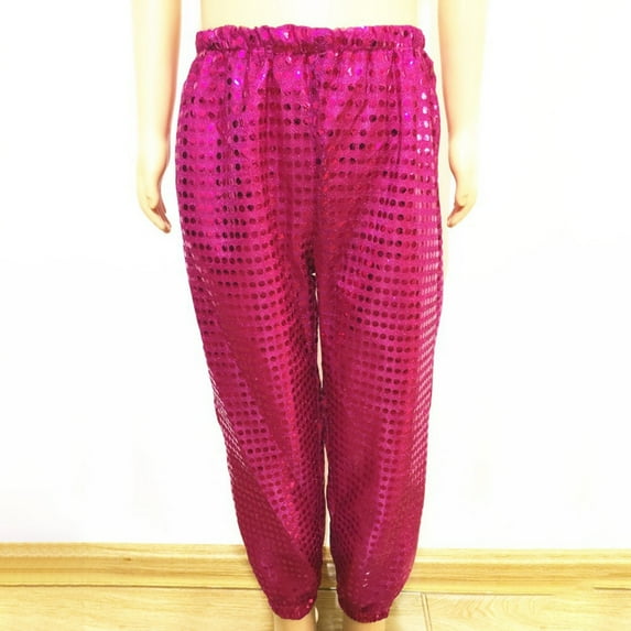 Kids Girls Boys Glitter Sequins Hip Hop Jazz Dance Pants (Hot Pink 4-5 Years)