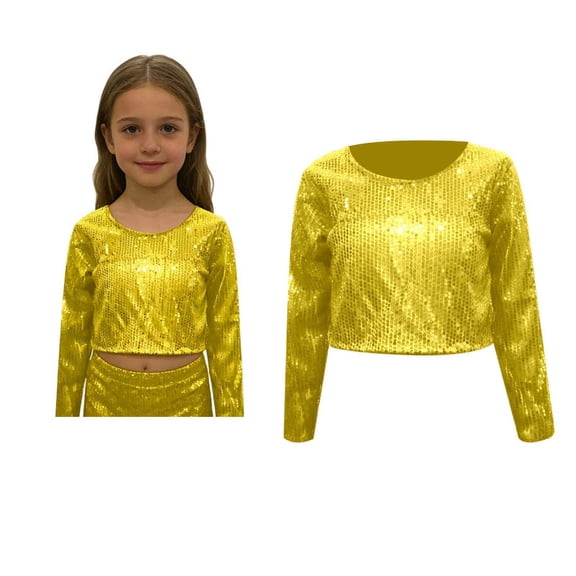 Kids Girls Boys Glitter Sparkly Crop Tops Long Sleeve Tee Top Cheer Jazz Dance Party 3-10 Years