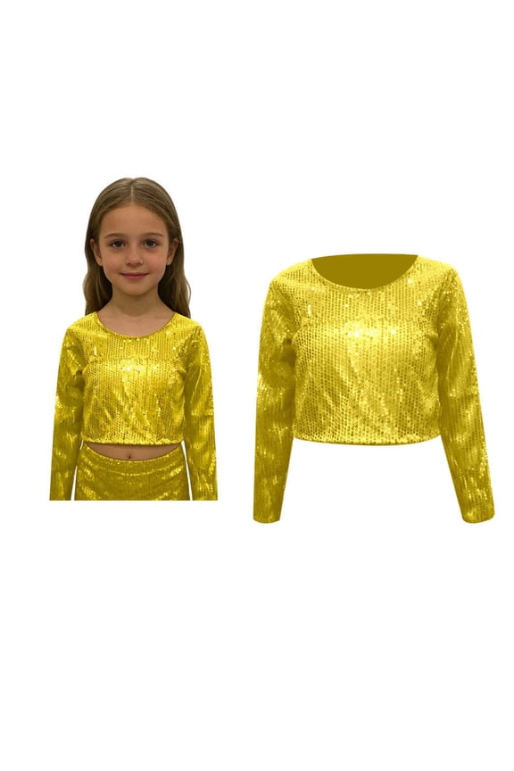 Kids Girls Boys Glitter Sparkly Crop Tops Long Sleeve Tee Top Cheer Jazz Dance Party 3-10 Years