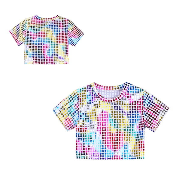 Kids Girls Boys Glitter Sparkly Cropped Top Short Sleeves T-Shirt Cheer Jazz Performance Oufits 3-4 Years