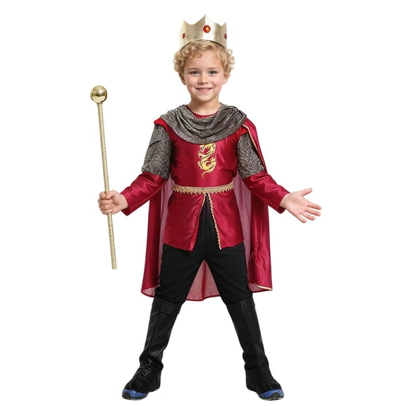 Kids Girls Boys King Role Play Dress Up Set with Long Sleeves Trousers and Cape Carnival Retro Red 10 Y-13 Y