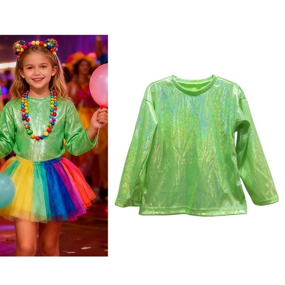 Kids Girls Boys Long Sleeve Sequins Tops Sparkly Metallic Shiny Dance Top T-Shirt for Latin Jazz Ballet Dance Party Stage Performance 8-9 Years